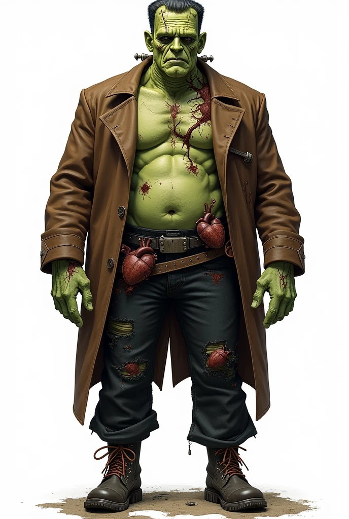 drawning, bright coloured, Frankenstein's monster, Gothic style, baldie, square forehead, greenish wrinkled skin, wearing a brown overcoat with torn sleeves, ripped black pants, boots with iron piece details, rusty iron parts throughout the body, glass exposing two hearts inside the belly, suture marks on forehead and arms, white background, fully body