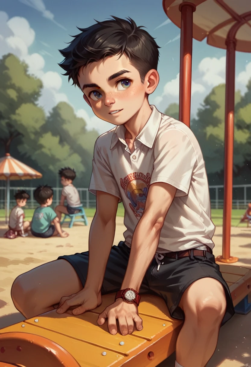 Shota Jimmy Watson boy 10 years old black
hair casual clothes alone on playground