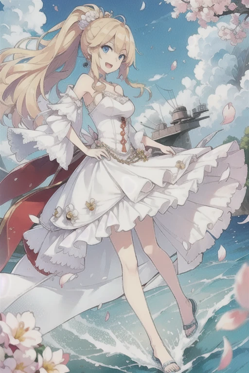 konggo \(warship girls r\),((masterpiece)),(((best quality))),((ultra-detailed)),((illustration)),((disheveled hair)),((frills)),(1 girl),(solo),1girl,bangs,blue sky,blush,bridal veil,cherry blossoms,cloud,cloudy sky,confetti,day,dress,earrings,eyebrows visible through hair,falling petals,flower,hair between eyes,hair ornament,high heels,jewelry,leaves in wind,long hair,looking at viewer,looking back,ocean,open mouth,outdoors,petals,petals on liquid,ponytail,rose petals,shoes removed,sidelocks,single shoe,sky,soles,solo,splashing,tiara,tree,underwear,veil,water,wedding dress,white dress,Rating:safe,foreshortening, blonde hair,blue eyes,