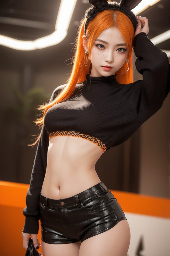 Pretty Asian girl, idol, extremely detailed CG, 8K High Quality, Depth of field, Cinematic Light, Lens Flare, Ray tracing, beautiful lips, lots of cute soft freckles, beautiful detailed eyes, intricate detail face, ultra detailed skin, 1girl, in the dark, deep shadow, front shot, face forward, she has red lipstick, big eyes, highly detailed black brown eyes, random position, pale skin,(( flashy orange hair, orange eyebrows)), ((very small perky breasts)), very nice detailed cleavage, looking at viewer, shy smile, she has lots of tattoos, must wear a shirt, (she wear tight slutty low waist dolphin shorts), tight t-short with logo that matches shorts, wide gap between thighs:1.6, view full body from head to toe shot, navel piercing, wear bunny ears headband, wear high thighs socks , loops earrings, piercings, jewelry, lots bracelets, at the amusements park, (Intense sex appeal of young women), (woman who makes erotic temptations),
exhibiting idol-like features, emerges from the depths of shadow in an extremely detailed CG Unity 8K wallpaper. Her beautifully sculpted face boasts intricate details, with ultra-detailed skin that appears almost alive, midriff, (she's a lot chubby). (She has big round hips), (she has a big wide thighs gap), ( She has a big butt) (She has very small shoulders), ((her shorts are really tight as it pushes real hard against her pussy ))