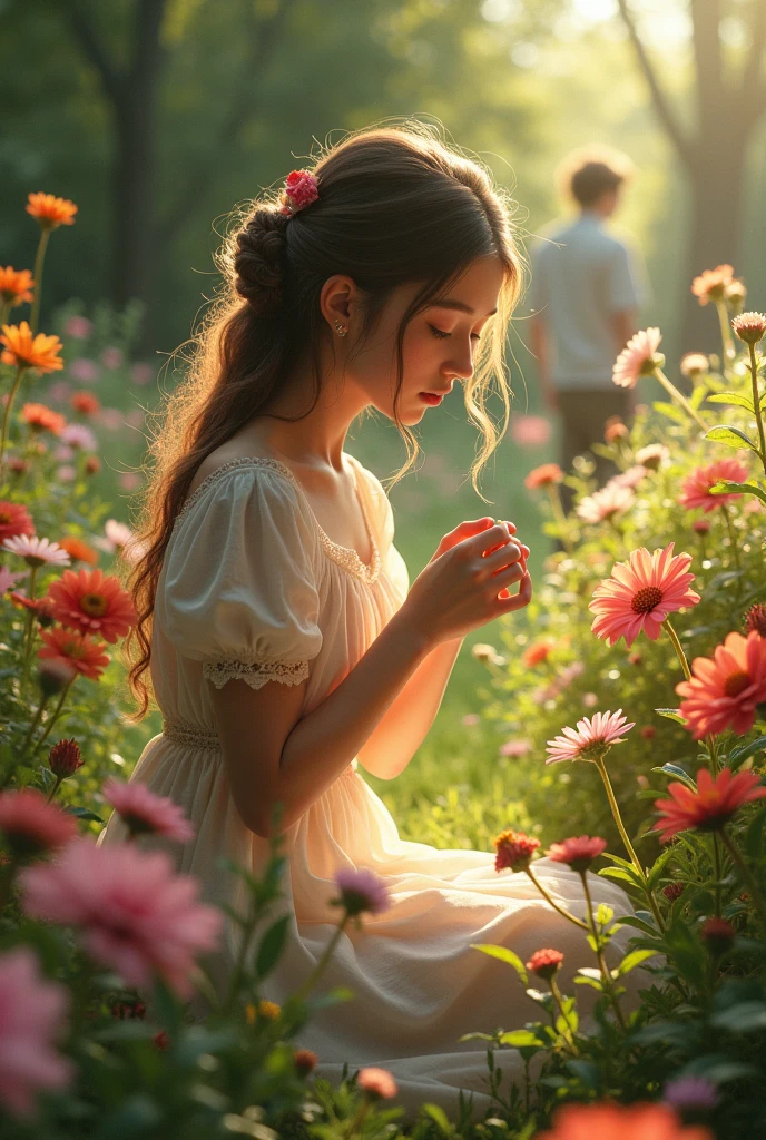 A beautiful girl who is sitting on her knees in garden and seeing and touching flowers like azaleas zinnias baslam and a beautiful boy in white shirt who is standing far and covering her from sunlight but she is unable to see him because of sunlight  
(I want girl facing  facing towards him)  
That girl in image should turn towards him
