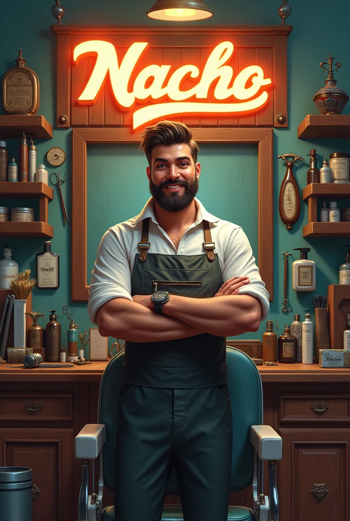 Please generate an image that has as title (Nacho barber) With Nacho making the name look like a dream and having razors and many things around that have to do with barbering., that looks amazing just from the barbershop
