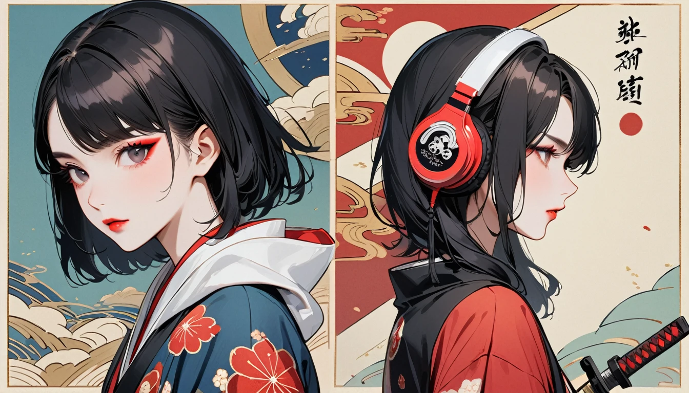 (((独奏))), (((Flashy makeup))), (((Japanese style headphones))), (((Japanese pattern hoodie))), (((Japanese sword))), (((Female samurai))), Japanese beautiful girl, Black Hair, Delicate and precise, Modern ukiyo-e style, Japanese flag, battle style