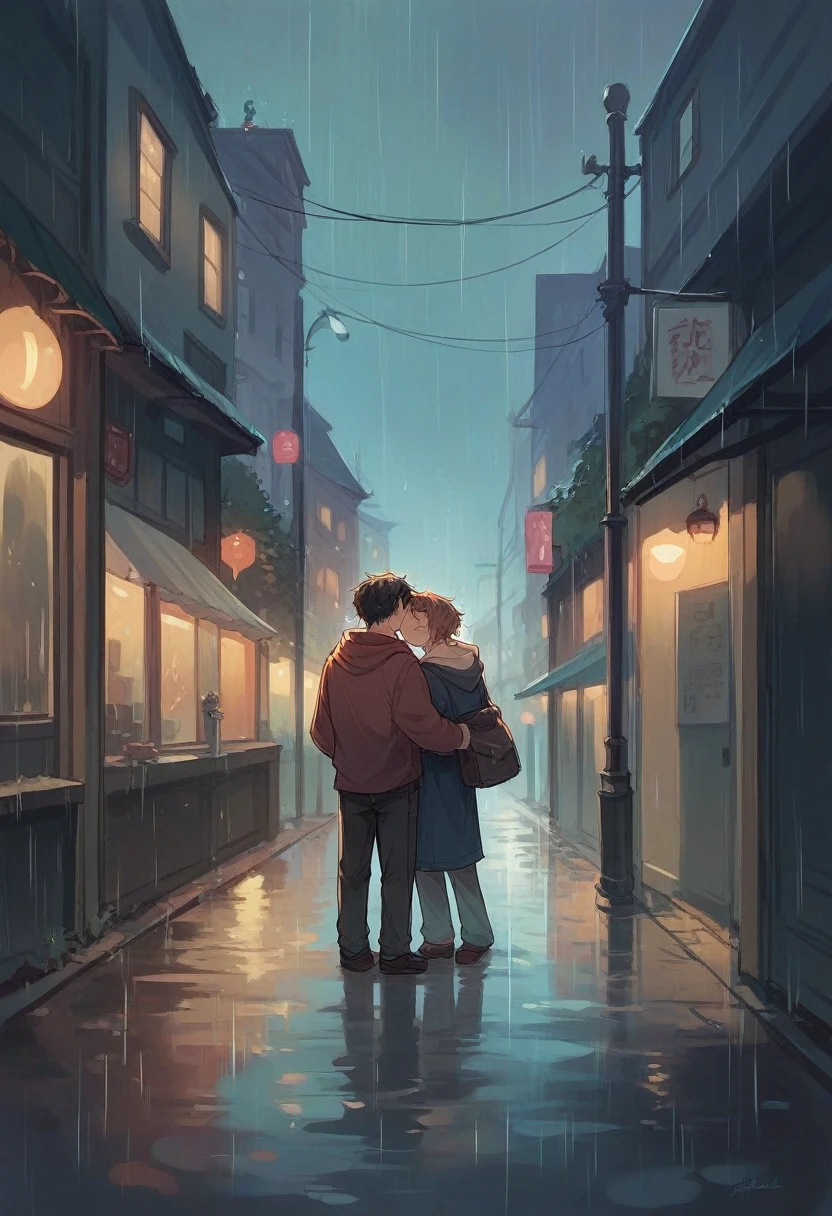 A couple enjoying rain in the night street