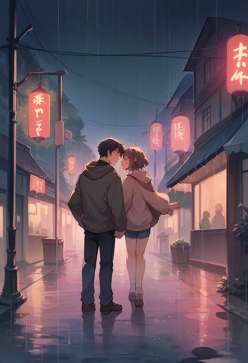 A couple enjoying rain in the night street
