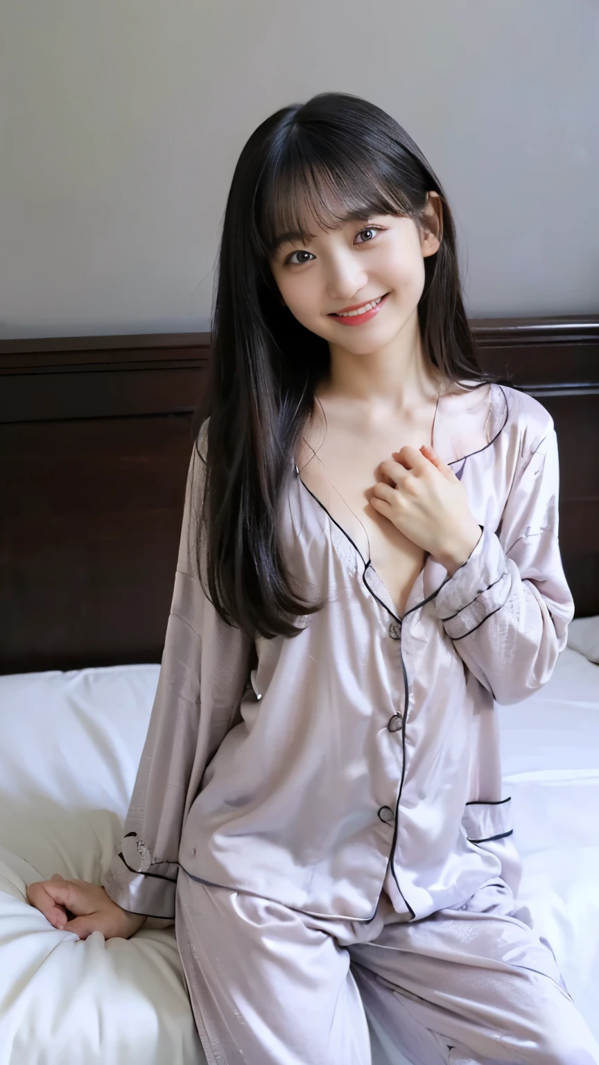 (8k、RAW Photos、Highest quality、masterpiece:1.2)、((Very flat chest、Flat chest:1.7))、((night、Bedroom、smile、pajamas:1.5))、((Nipples、tits))、(Realistic、Realistic)、1 girl、(On the bed、Lie、naked))、cute