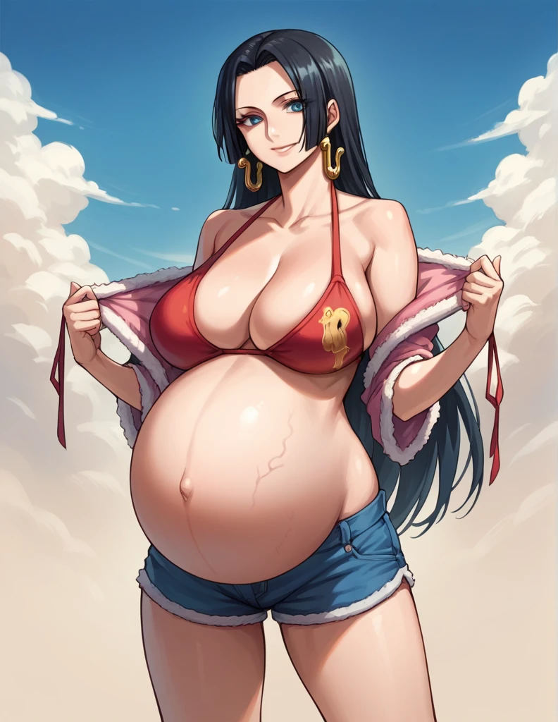 score_9, score_8_up, score_7_up, source_anime, best quality, clear face, 1girl, Boa hancock, black hair, long hair, blue eyes, large breasts, bikini, shorts, cleavage, smile, looking at viewer, sky, standing, pregnant belly, huge belly, belly