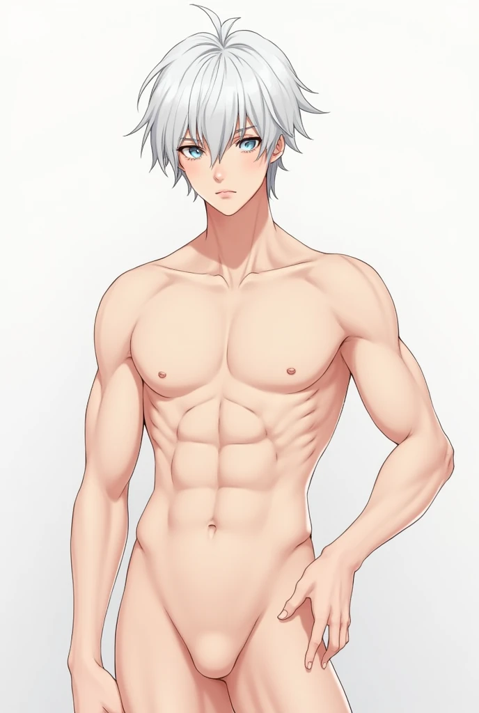 A white haired anime style boy but simple muscular naked with absolutely no clothes on
