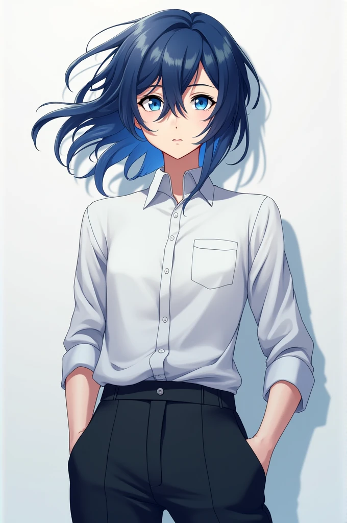 An anime character that has Ume mi ya windbreaker style hair with blue eyes, medium long hair with black pants and a white shirt that has the personality of Yukio from Soul of Yokai 
