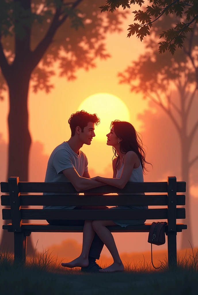 Background: A park scene at dusk, with trees and a light breeze. The sky is orange and pink.
Characters: In the center, Marcos and Sofia are sitting on a park bench, talking and smiling. Marcos has a loving look, while Sofia smiles shyly. They are close, with their hands almost touching.
Details: In a corner of the bench, a small bag or book may be resting, symbolizing the encounters and conversations shared.
Title: At the top, in elegant letters and in a light color (such as white or a pastel shade), is the title "Entre a Amizade e o Amor"