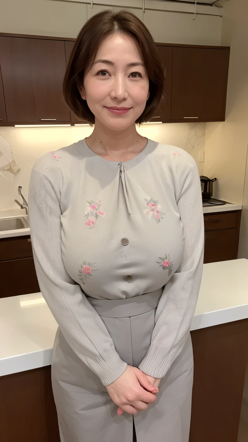 ((Highest quality, 8k, masterpiece, Portraiture: 1.3)), (View your audience), Photorealism, Sharp focus, alone, Japanese Mature, beauty,(Thin face 1.6、smile、Wrinkles around the eyes, Emphasize, ((Big Breasts:1.6))),,(Huge ass 1.8).50 years old, Wave, Medium Hair(Grey knitted sweater、The skirt has a floral pattern)(Standing in the kitchen:1.3)(From face to thighs)