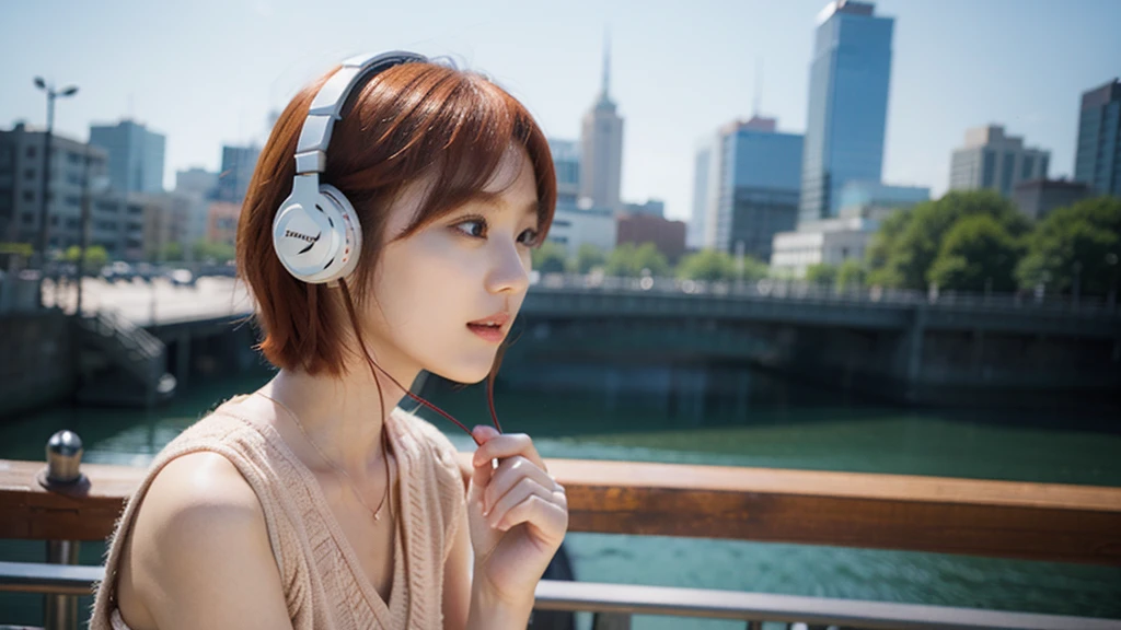 Model actress、One Woman、Singer-songwriter、cool、Japanese and half European、Bright orange hair colour、short hair、Outdoor、Upper Body、recording、headphone