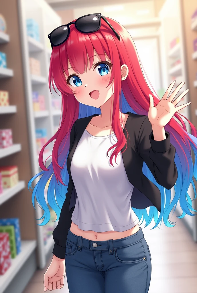 A girl with long red and blue hair, She has bright blue eyes, On top of her head are sunglasses, she has a smile on her face, waving happily, she is dressed in A black blouse, a white t-shirt, jeans and simple shoes, she has one hand on her waist And he is waiting for his friend in a store.