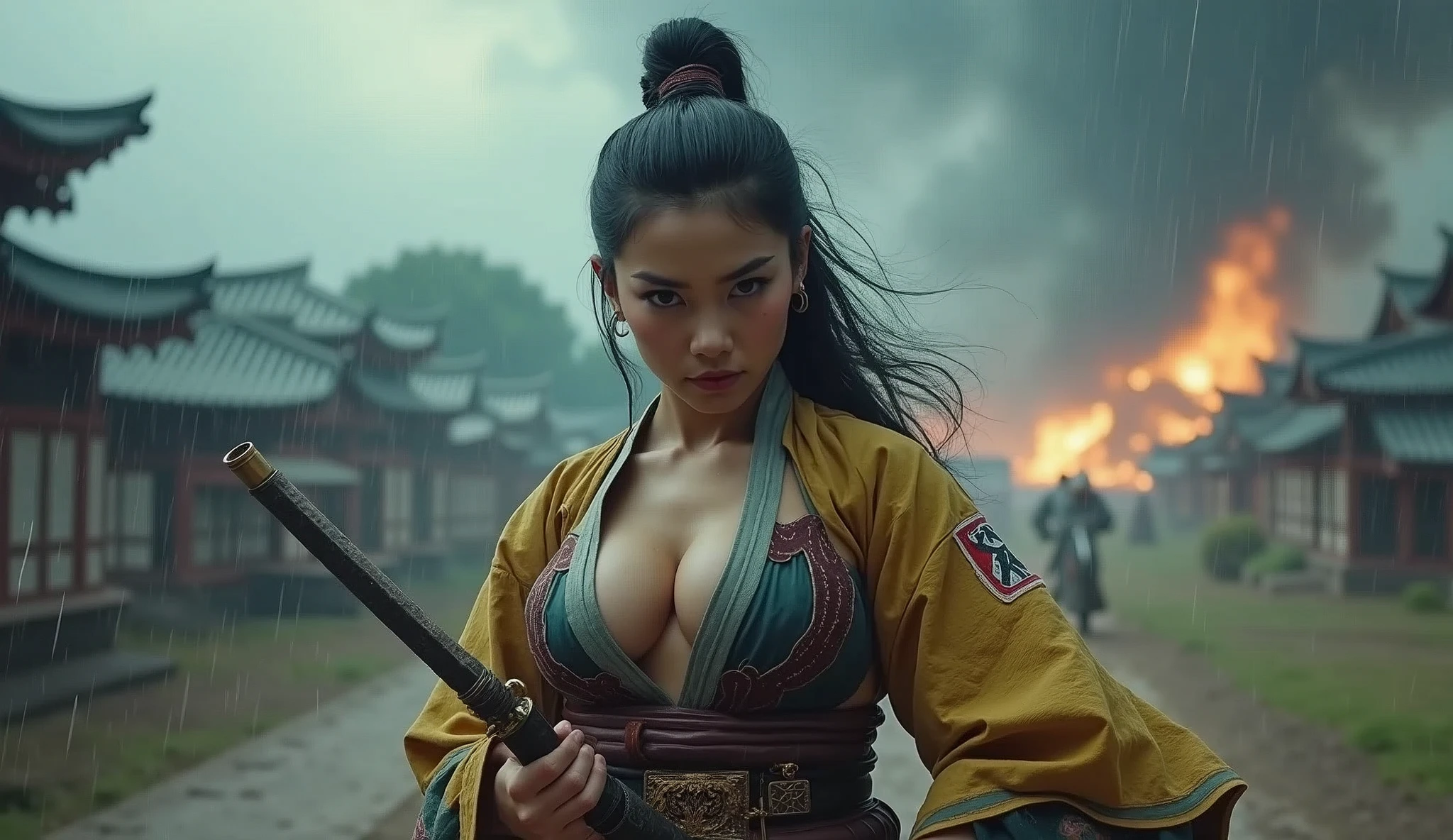 beautiful japanese woman with big breasts in revealing short samurai costume, fighting pose, confident look, battlefield, strong wind, heavy rain, thunderstorm