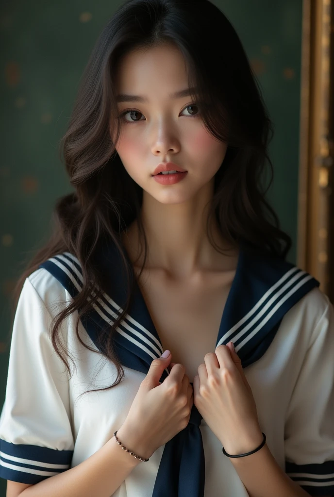 Browsing Caution, Highest quality, Photos in RAW format, Realistic Face, Incredibly beautiful girl, cute, Silky, Smooth and shiny hair, Depth of the written border, High resolution, Very detailed, Very detailed目と顔, Excellent student, Realistic student, Sharp focus, Cinema Lighting, small, (small breasts:1.2), (slim, , kind), Small waist, (slim waist:1.2), Delicate and sexy collarbone, (Sailor suit:1.2), (Lifting Sailor suit to show off a small cute bra:1.5)))、