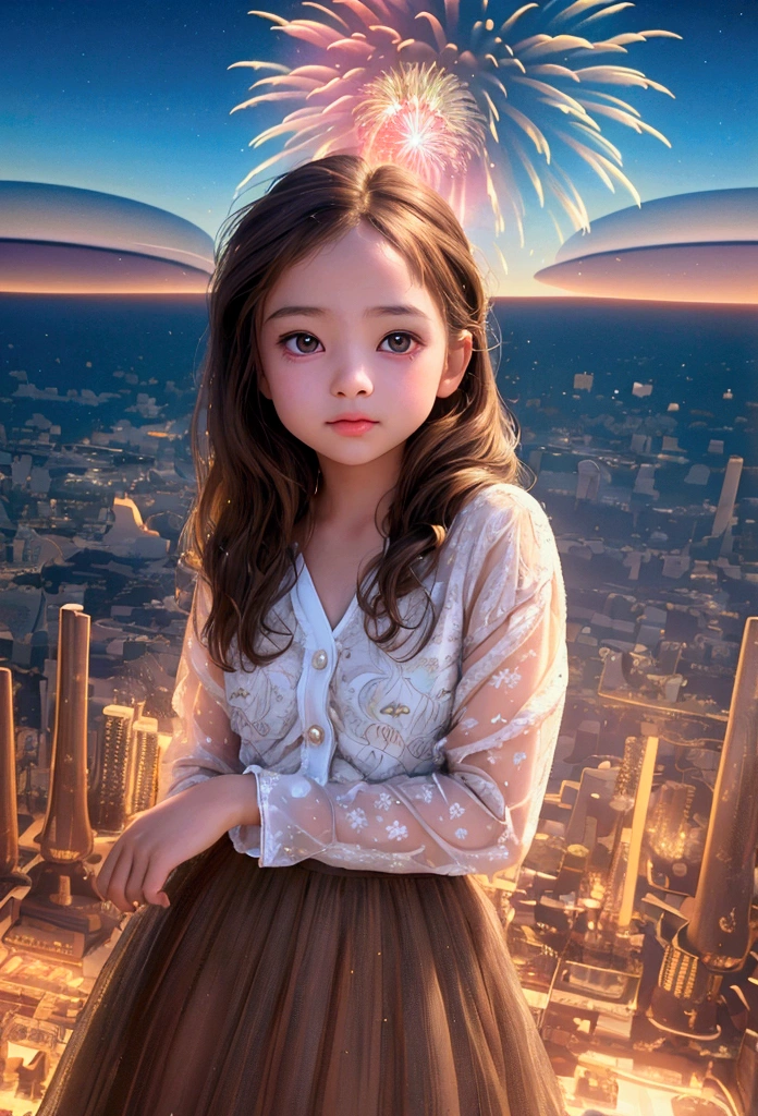 Cute girl about , playful expression, sly smile, brown hair, big eyes, dynamic angle, fireworks burning in the background, sunset, white smoke rising in the air, (cute, lovely, attractive: 1.2), (surreal, realistic: 1.37), (best quality, 4k, 8k, high resolution, masterpiece: 1.2), very detailed, (vivid colors, bokeh)