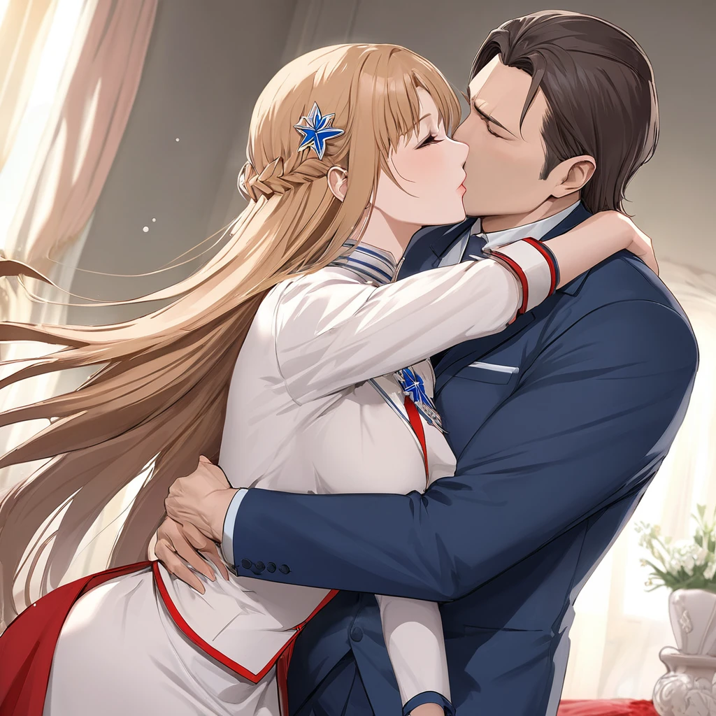 ((Highest quality)), ((masterpiece)), (detailed), (Perfect Face)、The woman is Yuuki Asuna, a Russian with light brown, semi-long hair.、The woman is a member of the United Russia party and is beautifully dressed in a suit and lavish accessories.、She is a United Russia member who is dedicated to the cause of a great United Russia, and she deeply respects and worships the leader of the Great Russian Party, a United Russia supremacist.、As the secretary and mistress of a great United Russia official, the woman wholeheartedly devotes herself to serving him, body and soul, embracing him, snuggling with him, kissing him, and serving him as a mistress to the great and beloved official.、In the bedroom, the man is embracing the woman as his lover, kissing and making love