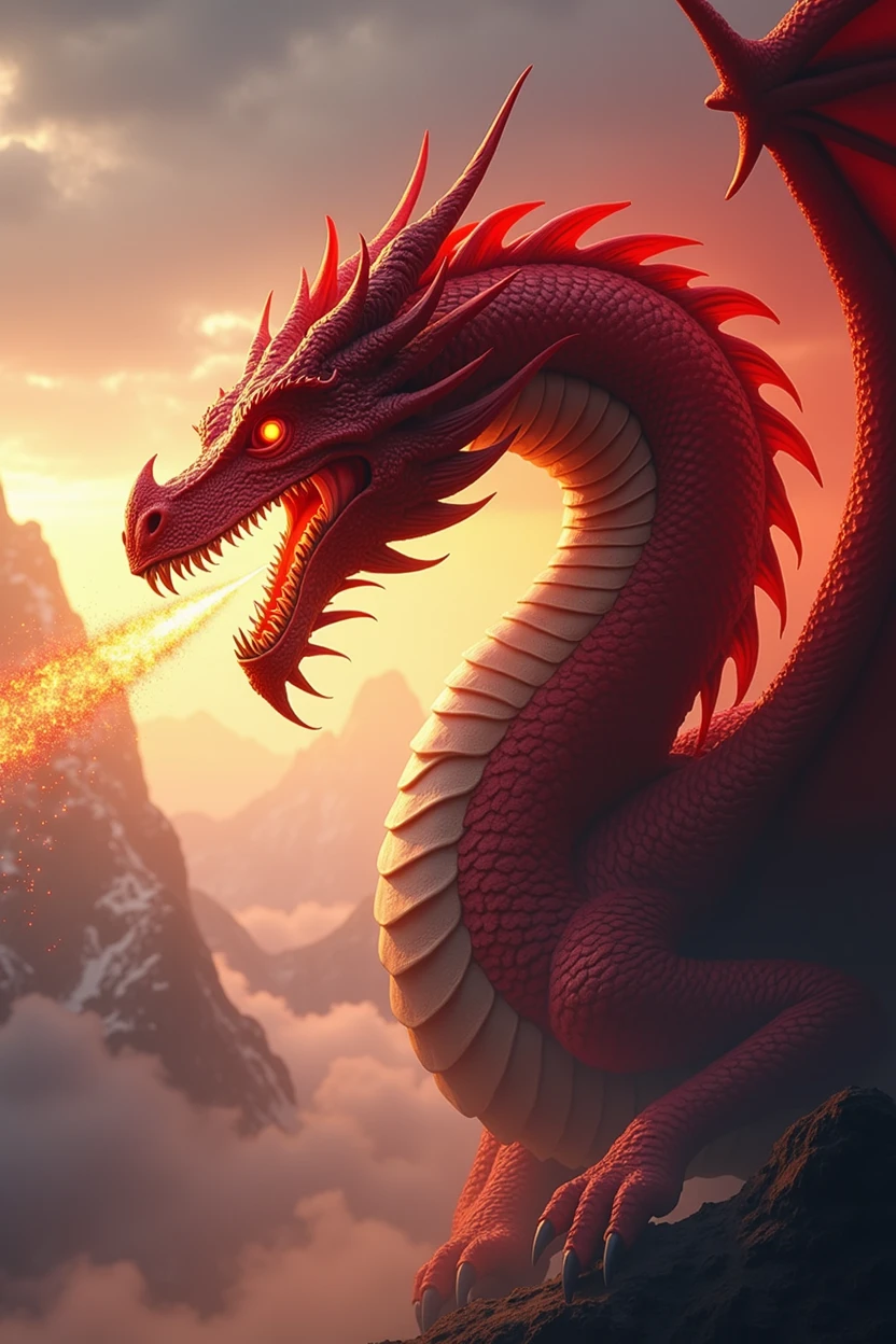 A highly detailed, photorealistic red dragon, epic fantasy dragon, dramatic pose, powerful and majestic, intricate scales, glowing eyes, open mouth with sharp teeth, breathing fire, dramatic lighting, cinematic composition, vibrant colors, detailed background with mountains, clouds, epic fantasy landscape