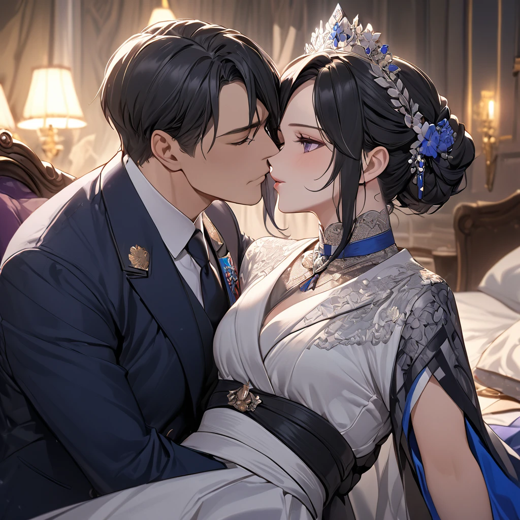 ((Highest quality)), ((masterpiece)), (detailed), (Perfect Face)、The woman is Shinobu Kocho, a Russian with black hair in a purple gradient bob style, tied up in a formal evening hairstyle.、The woman is a member of the United Russia party and is beautifully dressed in a suit and lavish accessories.、She is a United Russia member who is dedicated to the cause of a great United Russia, and she deeply respects and worships the leader of the Great Russian Party, a United Russia supremacist.、As the secretary and mistress of a great United Russia official, the woman wholeheartedly devotes herself to serving him, body and soul, embracing him, snuggling with him, kissing him, and serving him as a mistress to the great and beloved official.、In the bedroom, the man is embracing the woman as his lover, kissing and making love