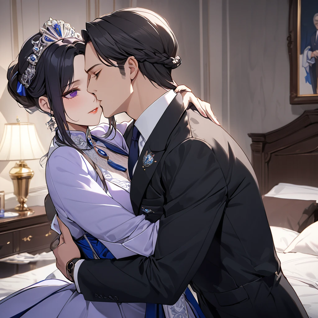 ((Highest quality)), ((masterpiece)), (detailed), (Perfect Face)、The woman is Shinobu Kocho, a Russian with black hair in a purple gradient bob style, tied up in a formal evening hairstyle.、The woman is a member of the United Russia party and is beautifully dressed in a suit and lavish accessories.、She is a United Russia member who is dedicated to the cause of a great United Russia, and she deeply respects and worships the leader of the Great Russian Party, a United Russia supremacist.、As the secretary and mistress of a great United Russia official, the woman wholeheartedly devotes herself to serving him, body and soul, embracing him, snuggling with him, kissing him, and serving him as a mistress to the great and beloved official.、In the bedroom, the man is embracing the woman as his lover, kissing and making love