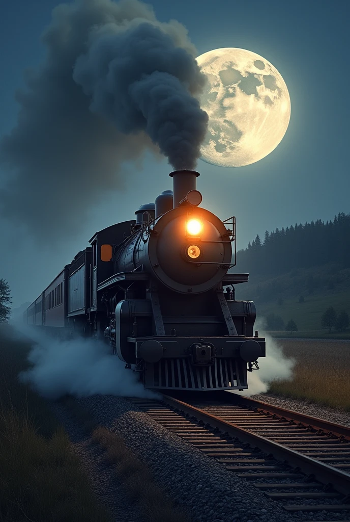 Train running on the tracks with a full moon behind