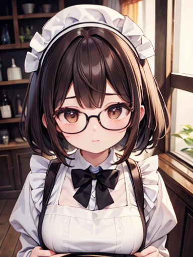 1 female、Brown haired、Brown eyes、Black-rimmed glasses、Fascinating 、Gorgeous face、Perfect body。Highest quality、Ultra-detailed、8k resolution、RAW Photos、Tabletop。Naked Apron