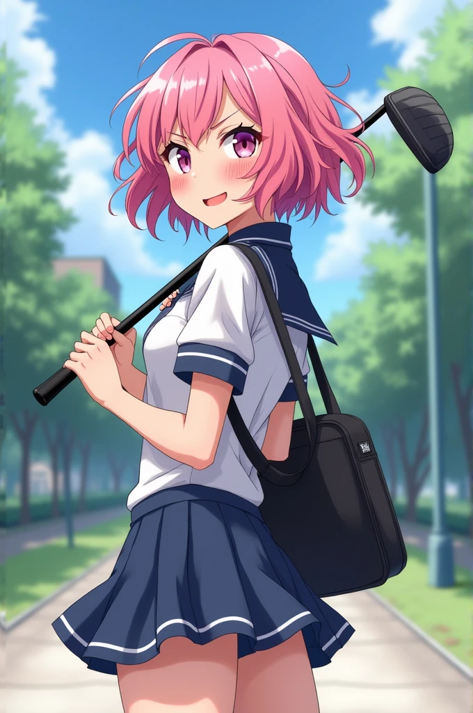 (masterpiece), short hair, 1 girl, free hair, Curly hair, Golf club, Tsundere, short skirt, high school uniform, school girl, Atar, ashamed, blush, wobbly mouth, (angry), from behind, pink hair, looking at the viewer, outside, schoolbag, panAtars, sexy, without underwear