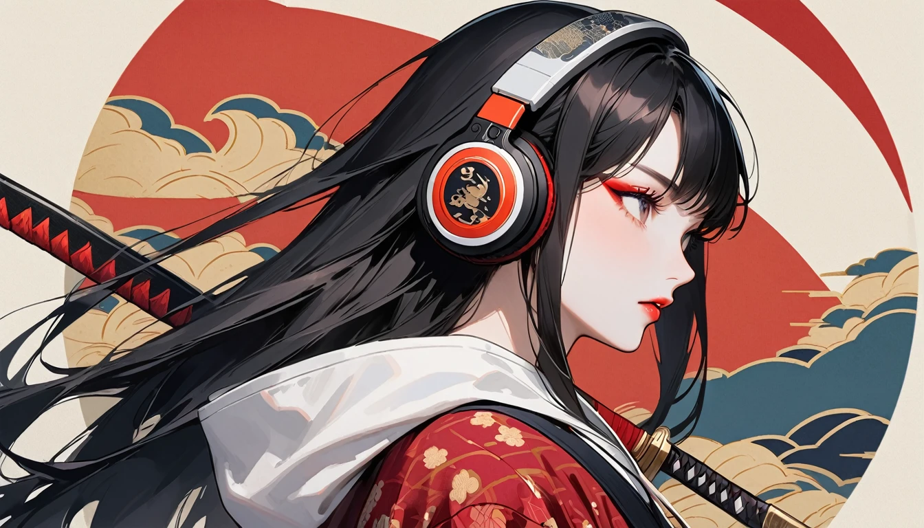 (((独奏))), (((Flashy makeup))), (((Japanese style headphones))), (((Japanese pattern hoodie))), (((Japanese sword))), (((Female samurai))), Japanese beautiful girl, Black Hair, Delicate and precise, Modern ukiyo-e style, Japanese flag, battle style