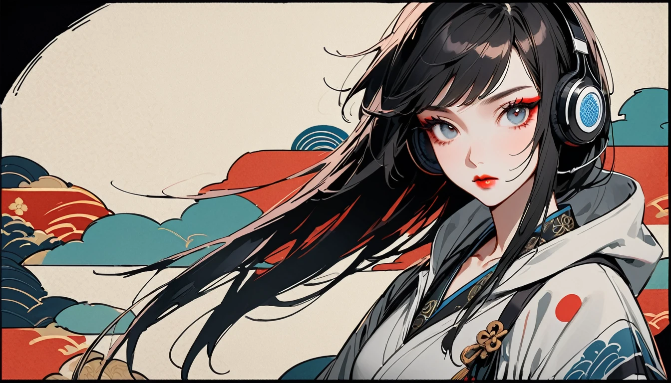 (((独奏))), (((Flashy makeup))), (((Japanese style headphones))), (((Japanese pattern hoodie))), (((Japanese sword))), (((Female samurai))), Japanese beautiful girl, Black Hair, Delicate and precise, Modern ukiyo-e style, Japanese flag, battle style