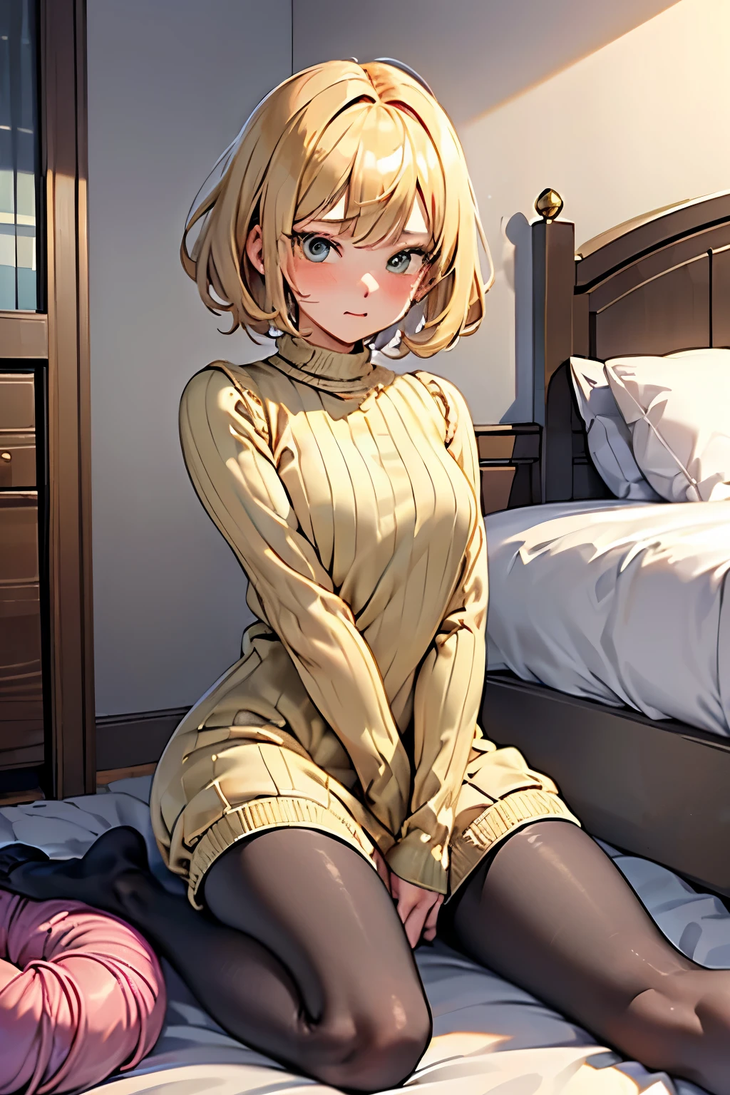 (Highest quality:1.1), (masterpiece:1.4), (Absurd:1.0),
One Girl, Artificial Human Room No. 18、Dragon Ball、Golden Hair、Short Hair、Medium chest、Looking at the audience、Bedroom、(blush:1.2)、Embarrassed expression、((pantyhose))、((Knitted dress))、((sit))、
