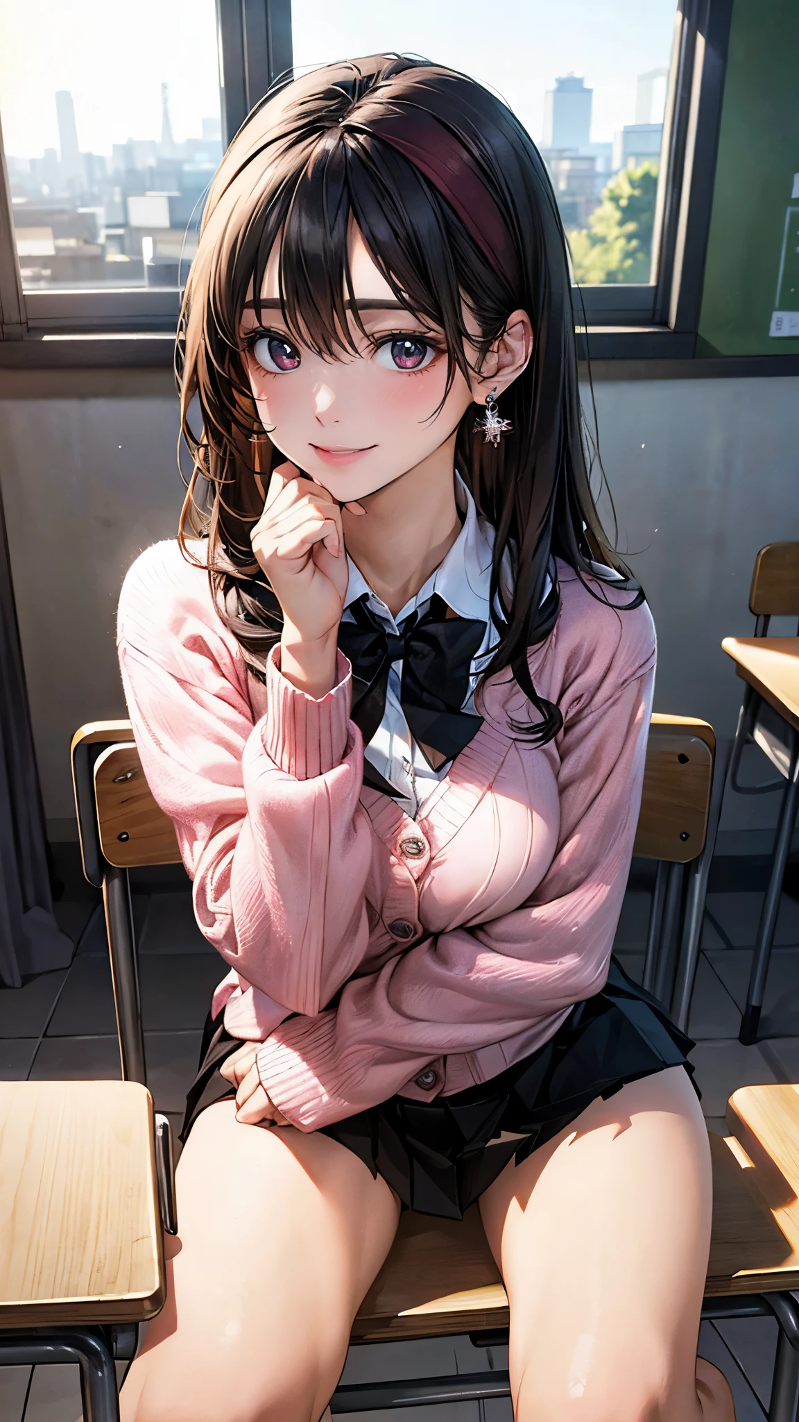 (masterpiece:1.2, highest quality), (realistic photo:1.4), beautiful illustrations, (natural side lighting, movie lighting), 
looking at the viewer, (pov across table), 1 girl, japanese, high school girl, perfect face, cute symmetrical face, shiny skin, baby face, 
(long hair, straight hair, (dark red headband), black hair), hair between eyes, maroon eye idol chest, seductive thighs, big ass), earrings, 
beautiful hair, beautiful face, detailed and beautiful eyes, beautiful clavicle, beautiful body, beautiful breasts, beautiful thighs, beautiful feet, beautiful fingers, slender, 
(white collared shirt, long sleeve pink knit cardigan, black pleated mini skirt, dark red flat bow tie), 
(beautiful scenery), evening, (school classroom:1.2), (sitting on chair, hand up, elbows on table), (cute smile, upper eye)