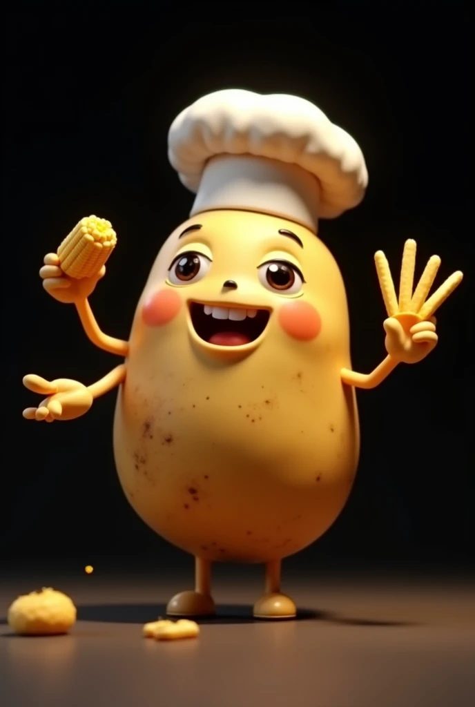 Create a potato with a cute face, with legs and with a corncob in the right hand and some French fries in the left, chef hat, that it be animated with black background