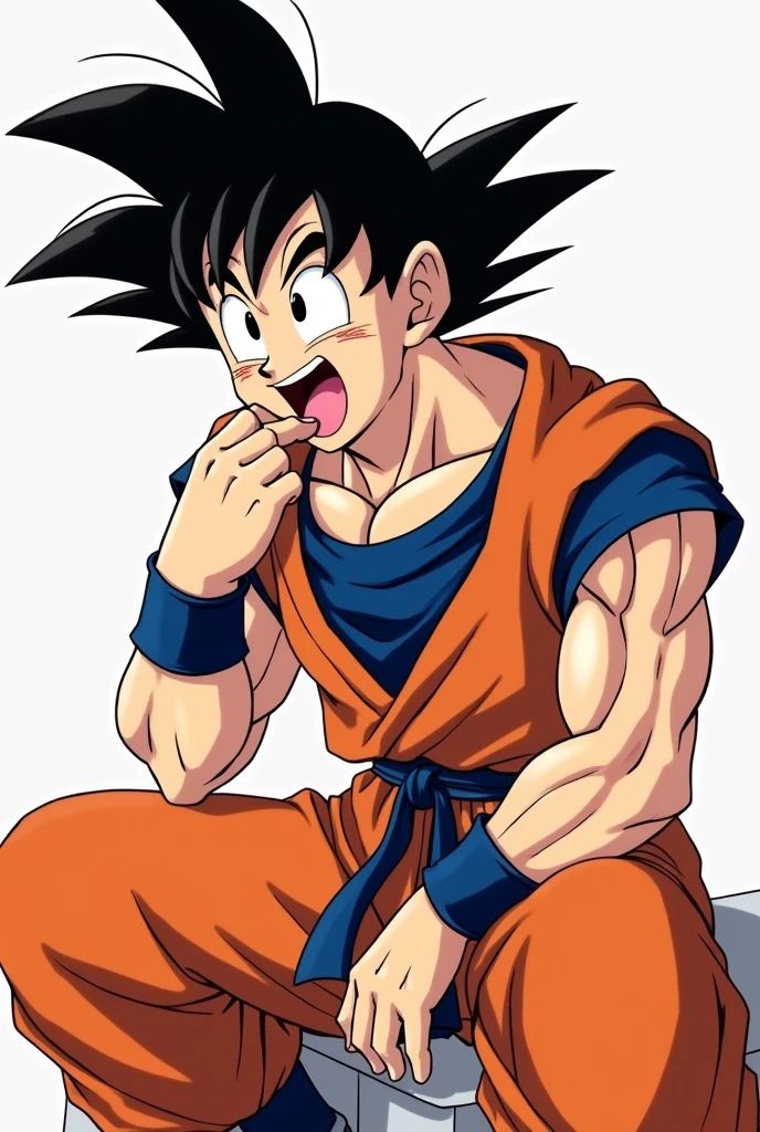 Goku licks Miho's cock while sitting on his hands and his cheeks are pink with embarrassment.
