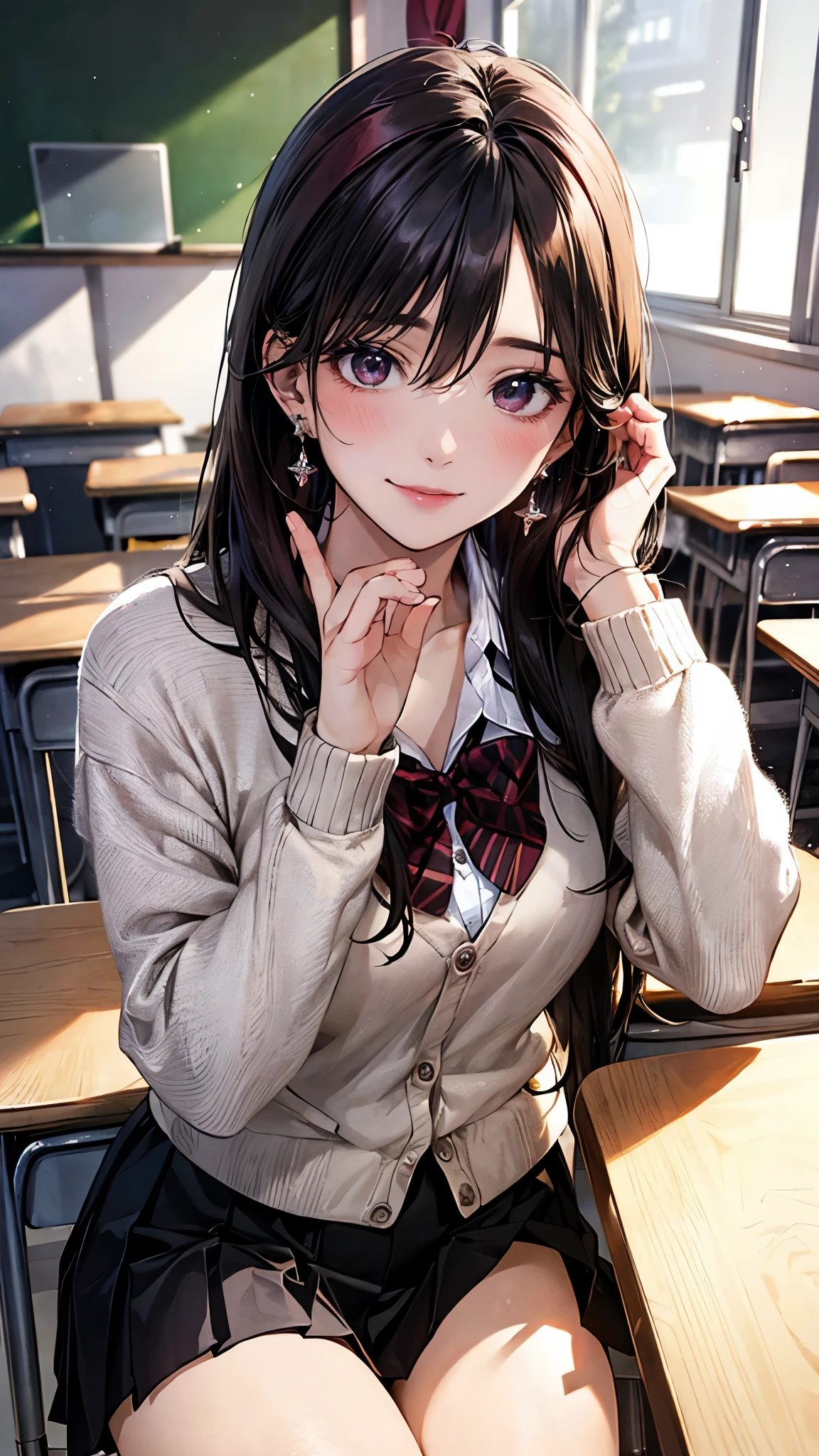 (masterpiece:1.2, highest quality), (realistic photo:1.4), beautiful illustrations, (natural side lighting, movie lighting), 
looking at the viewer, (pov across table), 1 girl, japanese, high school girl, perfect face, cute symmetrical face, shiny skin, baby face, 
(long hair, straight hair, (dark red headband), black hair), hair between eyes, maroon eye idol chest, seductive thighs, big ass), earrings, 
beautiful hair, beautiful face, detailed and beautiful eyes, beautiful clavicle, beautiful body, beautiful breasts, beautiful thighs, beautiful feet, beautiful fingers, slender, 
(white collared shirt, long sleeve pink knit cardigan, black pleated mini skirt, dark red flat bow tie), 
(beautiful scenery), evening, (school classroom:1.2), (sitting on chair, hand up, elbows on table), (cute smile, upper eye)