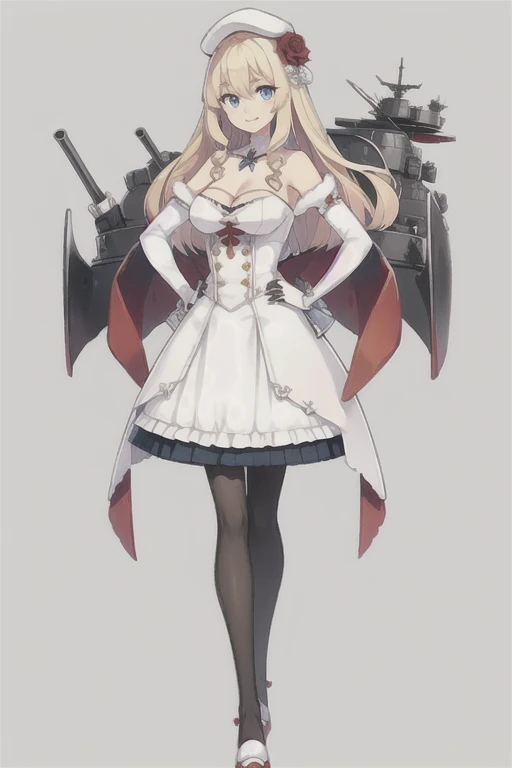 konggo \(warship girls r\),((masterpiece)),(((best quality))),((ultra-detailed)),((illustration)),((disheveled hair)),((frills)),(1 girl),(solo),1girl,bangs,bare shoulders,black footwear,blue eyes,braid,breasts,choker,cleavage,dress,earrings,eyebrows visible through hair,flower,full body,fur trim,gloves,gradient,hair between eyes,hand on hip,hat,hat flower,high heels,jewelry,knife,large breasts,layered dress,long hair,looking at viewer,medium breasts,pantyhose,pink rose,purple rose,red dress,red flower,red rose,rose,rose petals,smile,solo,standing,two-sided fabric,very long hair,weapon,white headwear,white rose,blonde hair,Standing,Ball gown dress,stockings,brown stockings,Translucent stockings,Translucent gloves, blonde hair,blue eyes,