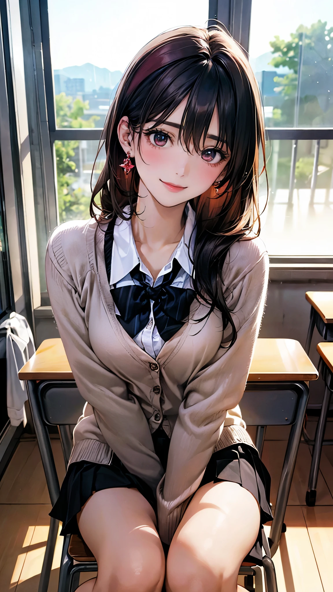 (masterpiece:1.2, highest quality), (realistic photo:1.4), beautiful illustrations, (natural side lighting, movie lighting), 
looking at the viewer, (pov across table), 1 girl, japanese, high school girl, perfect face, cute symmetrical face, shiny skin, baby face, 
(long hair, straight hair, (dark red headband), black hair), hair between eyes, maroon eye idol chest, seductive thighs, big ass), earrings, 
beautiful hair, beautiful face, detailed and beautiful eyes, beautiful clavicle, beautiful body, beautiful breasts, beautiful thighs, beautiful feet, beautiful fingers, slender, 
(white collared shirt, long sleeve pink knit cardigan, black pleated mini skirt, dark red flat bow tie), 
(beautiful scenery), evening, (school classroom:1.2), (sitting on chair, hand up, elbows on table), (cute smile, upper eye)