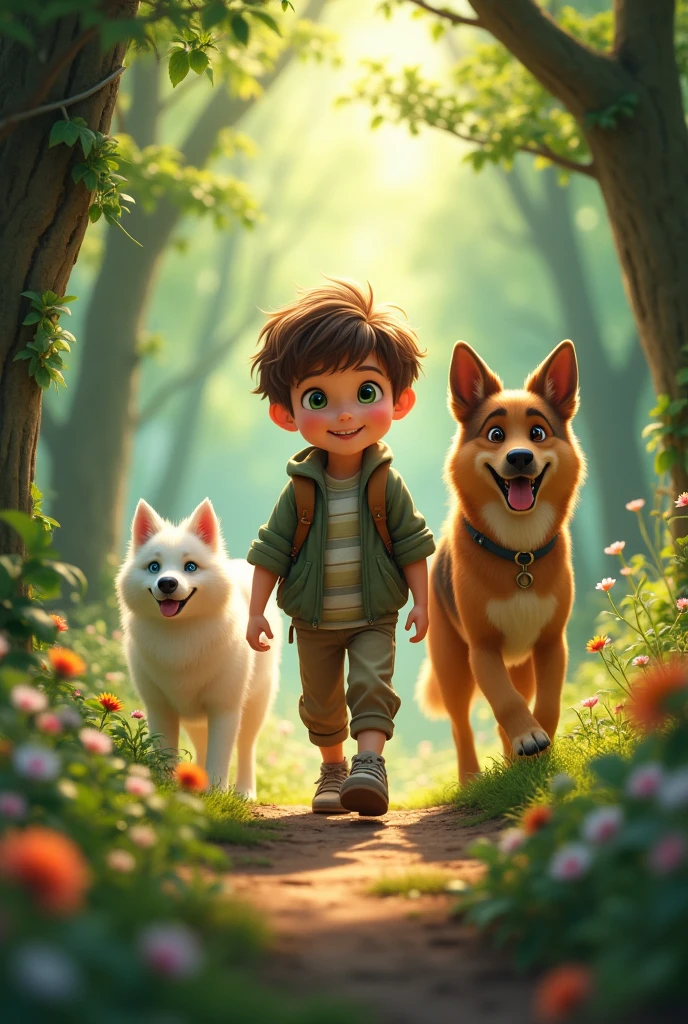 Boy brown hair green eyes in a forest with 2 dogs one dog is German shepherd and white shemoyed with sparkling blue eyes