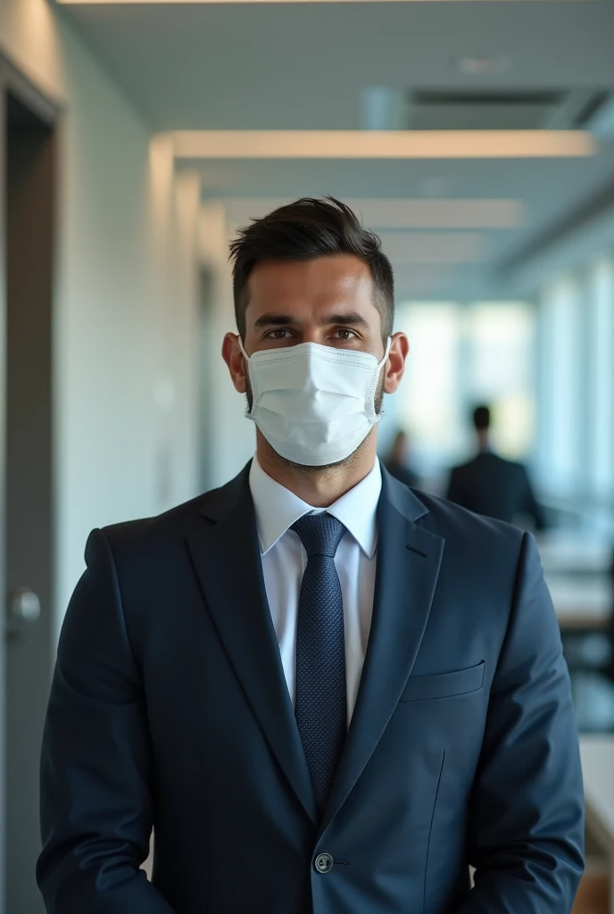 A Brazilian man in an office, wearing formal clothing and a mask on his face