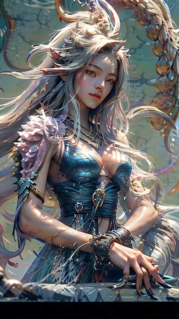 On the mountain coast,A beautiful dragon girl,long hair shawl,Big breasts,Wearing Immortal Clothes,Sword,Perform sword dance alone
