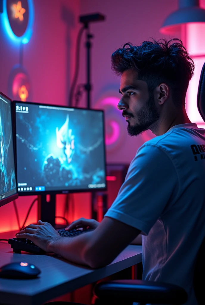 Create a highly detailed image of a guy who wears tshirt name Qureshi Parvez and playing a game on computer with vibrant colors and sharp focus, high-resolution with intricate textures and patterns, dramatic lighting and shadows, bold lines, bright colors, and dynamic composition, precise details and accurate colors,