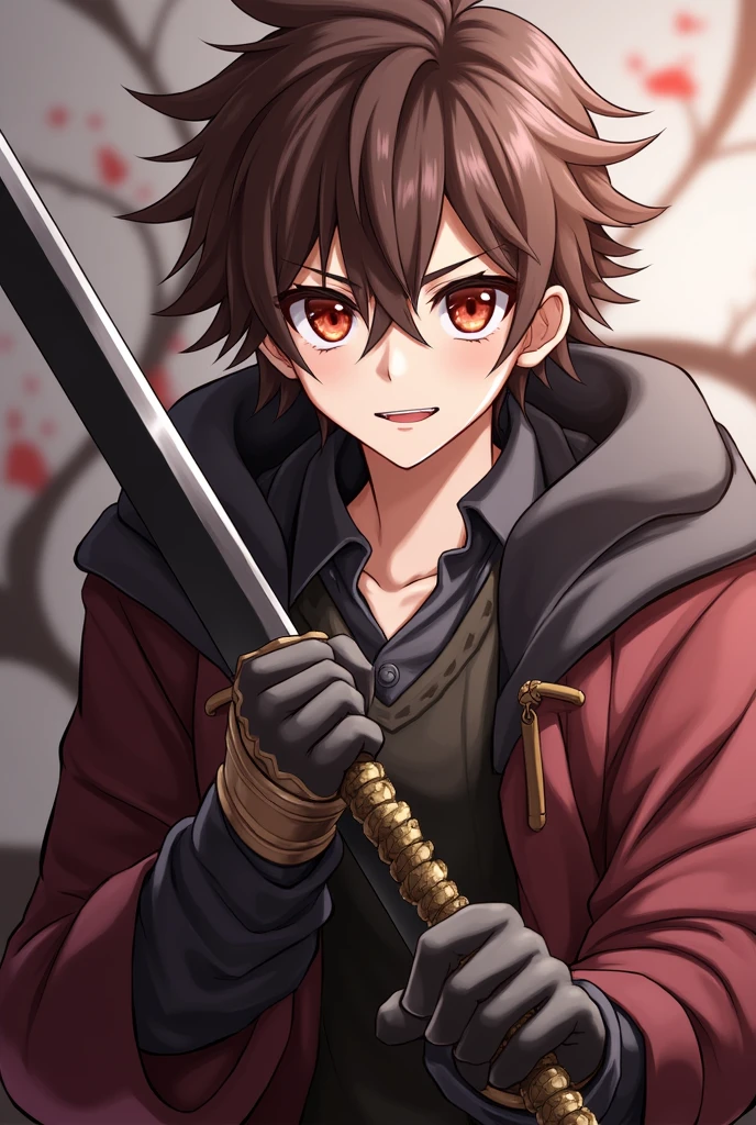 Brunette Hair, Male, Red eyes, Serious expression, Monster Hunter Style, Hand sword, hooligan, high detail