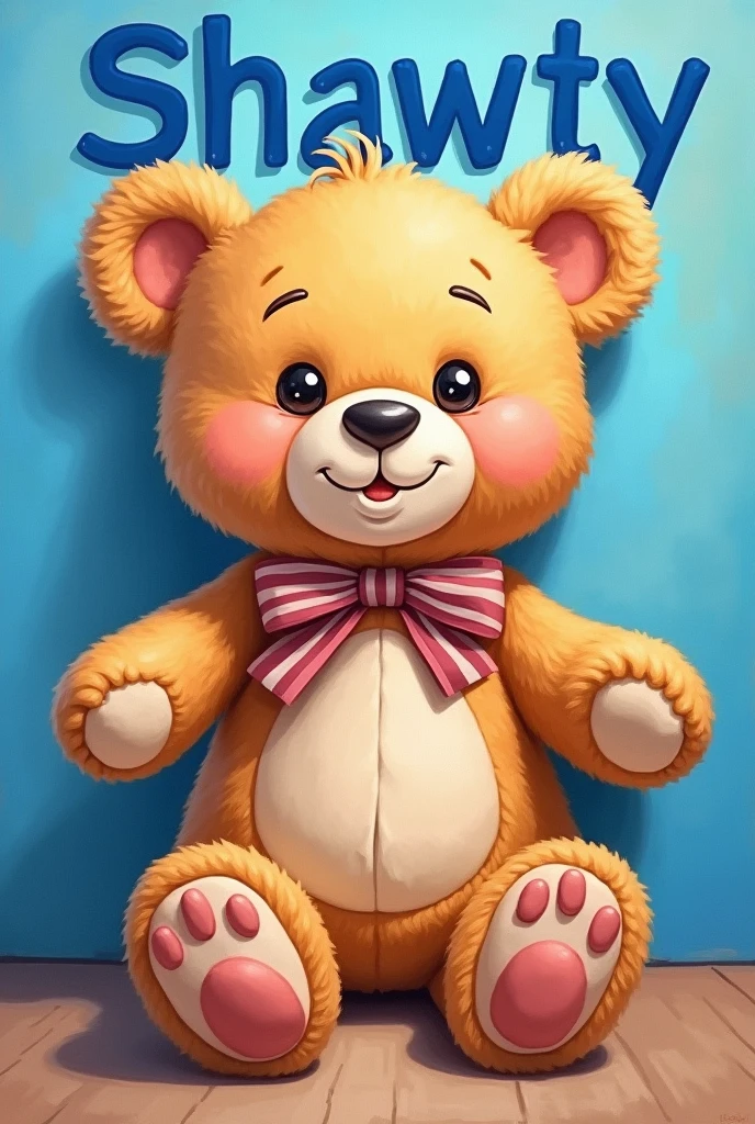 Cute realistic painting of a teddy bear realistic with the word (shawty) in blue colored bold font behind the teddy bear with a bow and blue background
