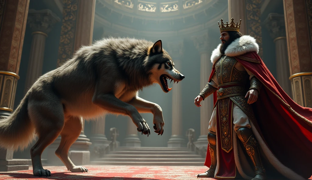 I want to create a scene where a wolf is attacking a king