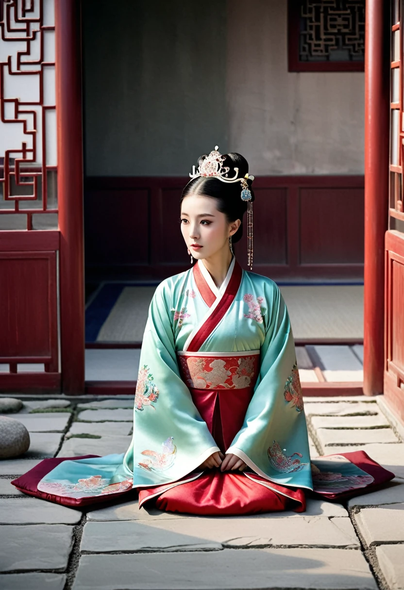 Cobblestones outside a Chinese palace during the Qing Dynasty letter M（Porn Pose） A gorgeous Chinese imperial empress with her hair tied on both sides and wearing a crown、Background of kinky and erotic woman tying her hair、The story is set in the luxurious rooms of an empress in the Chinese imperial court during the Qing dynasty.。