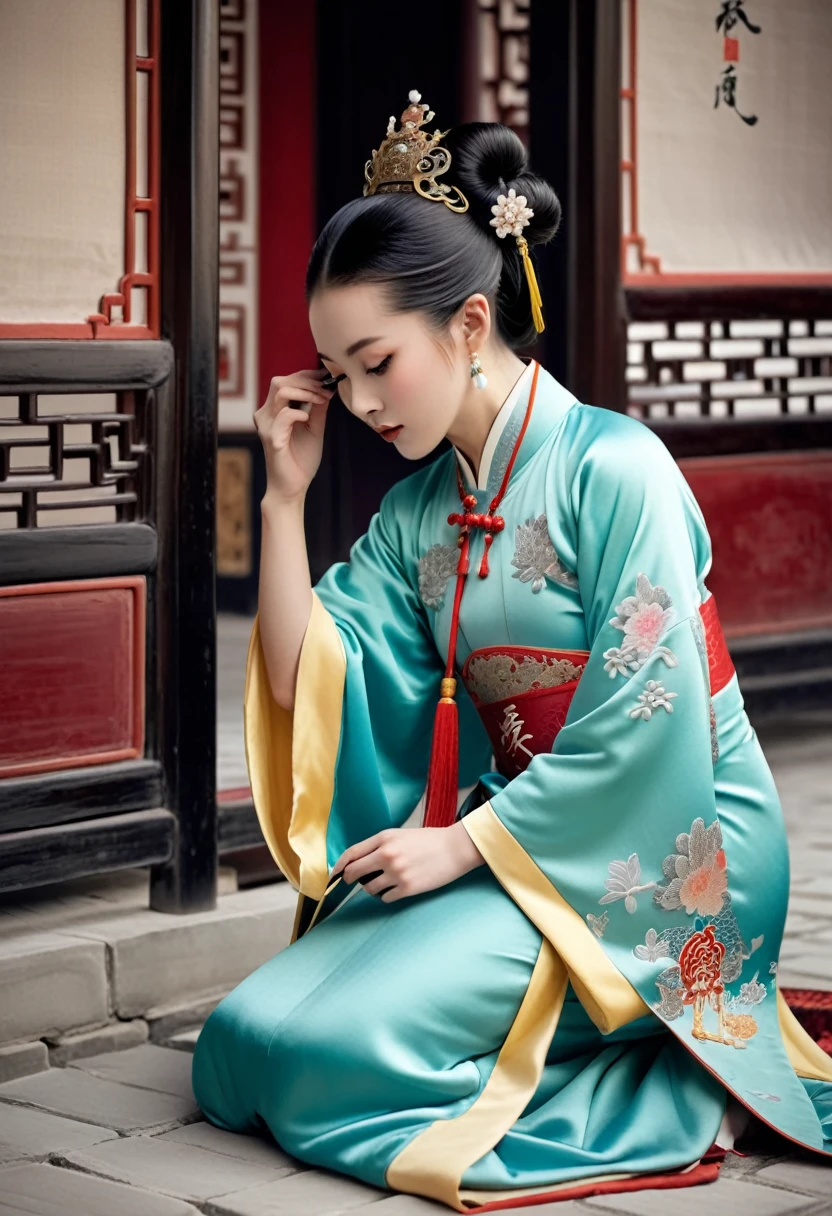 Cobblestones outside a Chinese palace during the Qing Dynasty letter M(Porn Pose) A gorgeous Chinese imperial empress with her hair tied on both sides and wearing a crown、Background of kinky and erotic woman tying her hair、The story is set in the luxurious rooms of an empress in the Chinese imperial court during the Qing dynasty.。