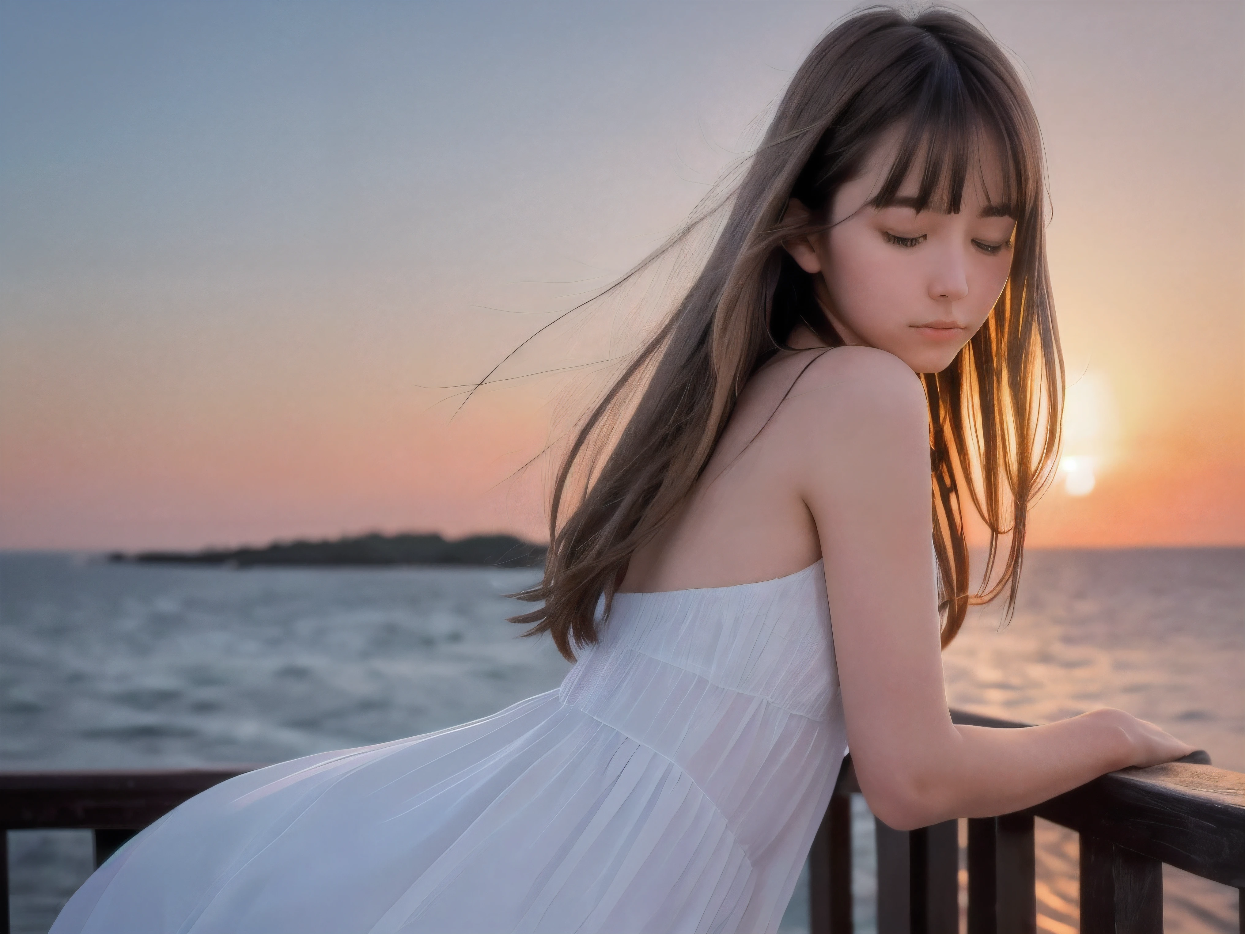 (Close up face shot of slender small-breasted half up blonde long hair with bangs girl wearing a white summer dress:1.5)、(One blonde hair girl is looking back and close her eyes with tears on the coast in Japan:1.5)、(Beautiful after sunset red sky with big red cloud:1.5)、(blurred background:1.5)、(Natural light:1.5)、(8k ultra detailed master piece:1.5)、(perfect anatomy:1.5)、(Photorealistic stick:1.5)、(Raw photo:1.3)、(highest quality:1.5)、(High resolution:1.3)、(Delicate and beautiful perfect face:1.3)、(Delicate and beautiful eye air skin:1.3)、(Real Human Skin:1.3)、((thin legs))