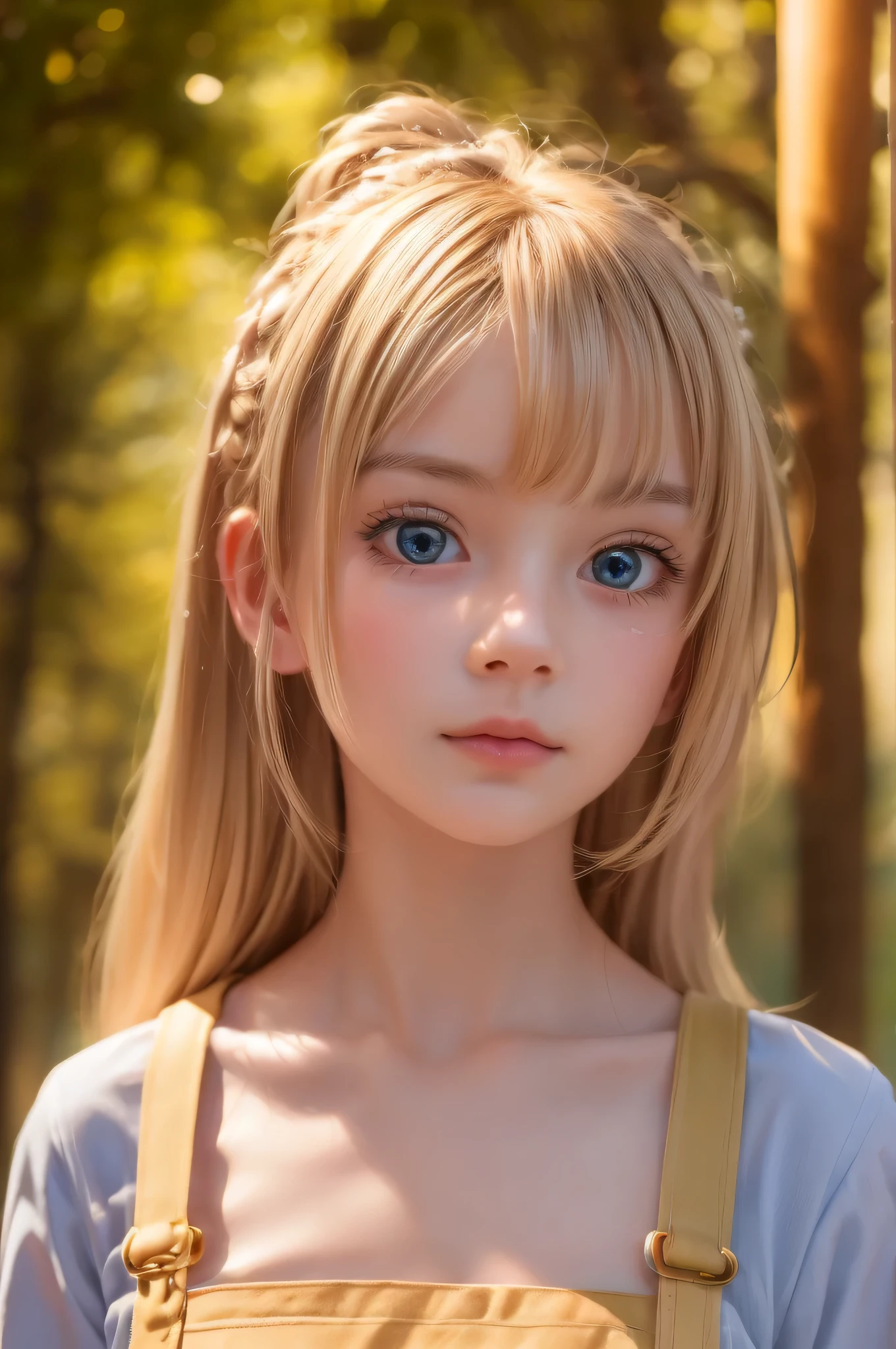 One Girl，(1人のとてもcute***:1.3)，masterpiece，Highest quality，High resolution，From below，Low - Angle，Photorealistic，RAW Photos，Ray Tracing，Physically Based Rendering，beautiful girl，(************:1.3)，cute，Big Blue Eyes，(detailed pupils:1.2)，(The face is facing straight ahead:1.3)，Body facing forward，Beautiful nose，Upturned nose，Fuller lips，Platinum Blonde Hair，Detailed eyelashes，Thin eyebrows，Very fine grain definition，(Symmetrical eyes，Golden Ratio:1.3)，(Face close-up，Face Focus:1.0)，Small breasts，Short neck，Light blue dress，White apron，forest，Alice in Wonderland，Spring sunlight，Soft Light，Portrait，View Viewer，Upper Body，Cinema Lighting，High resolution，Very detailed