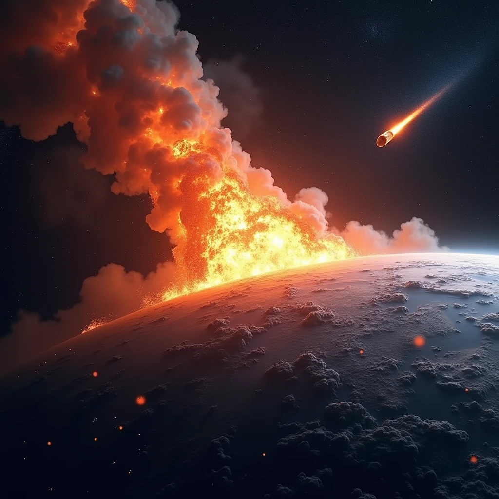 comet, explosion on earth surface,