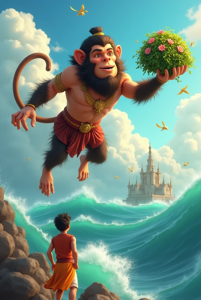 In cinematic 3d cartoon style “ * Hanuman, the monkey god, flying over the ocean with a mountain of medicinal herbs in his hand. The ocean is turbulent, and Lanka's grand palaces are visible in the distance. Rama and Lakshmana are depicted on the shore, looking up with hope and concern.”