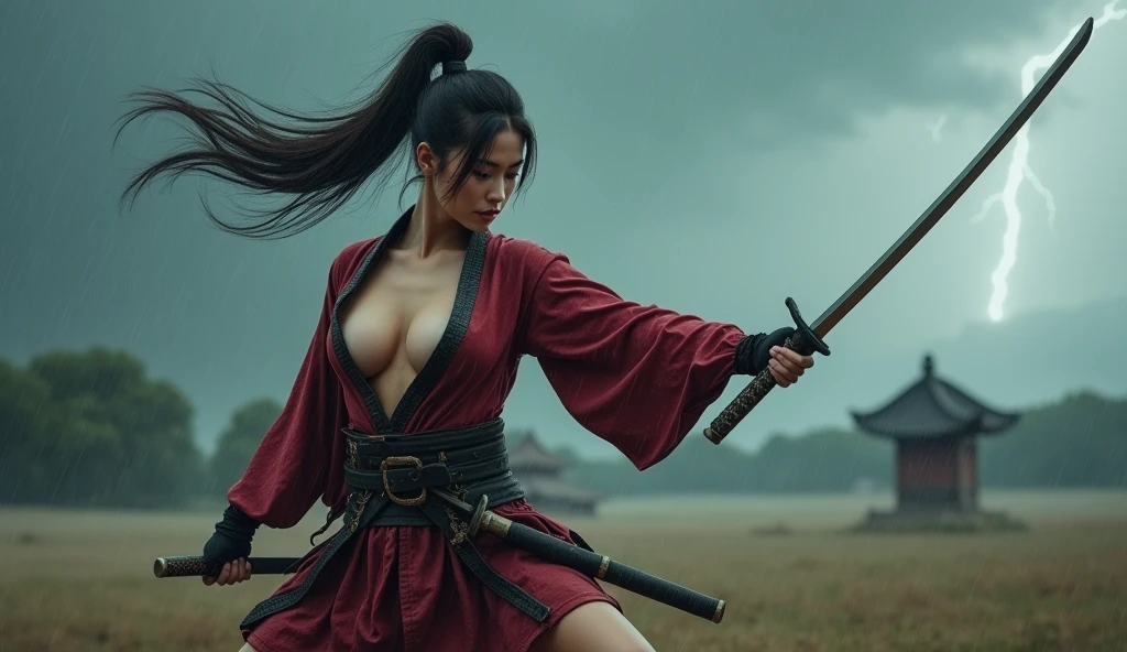 beautiful japanese woman with big breasts in revealing short samurai costume, fighting pose, confident look, battlefield, strong wind, heavy rain, thunderstorm